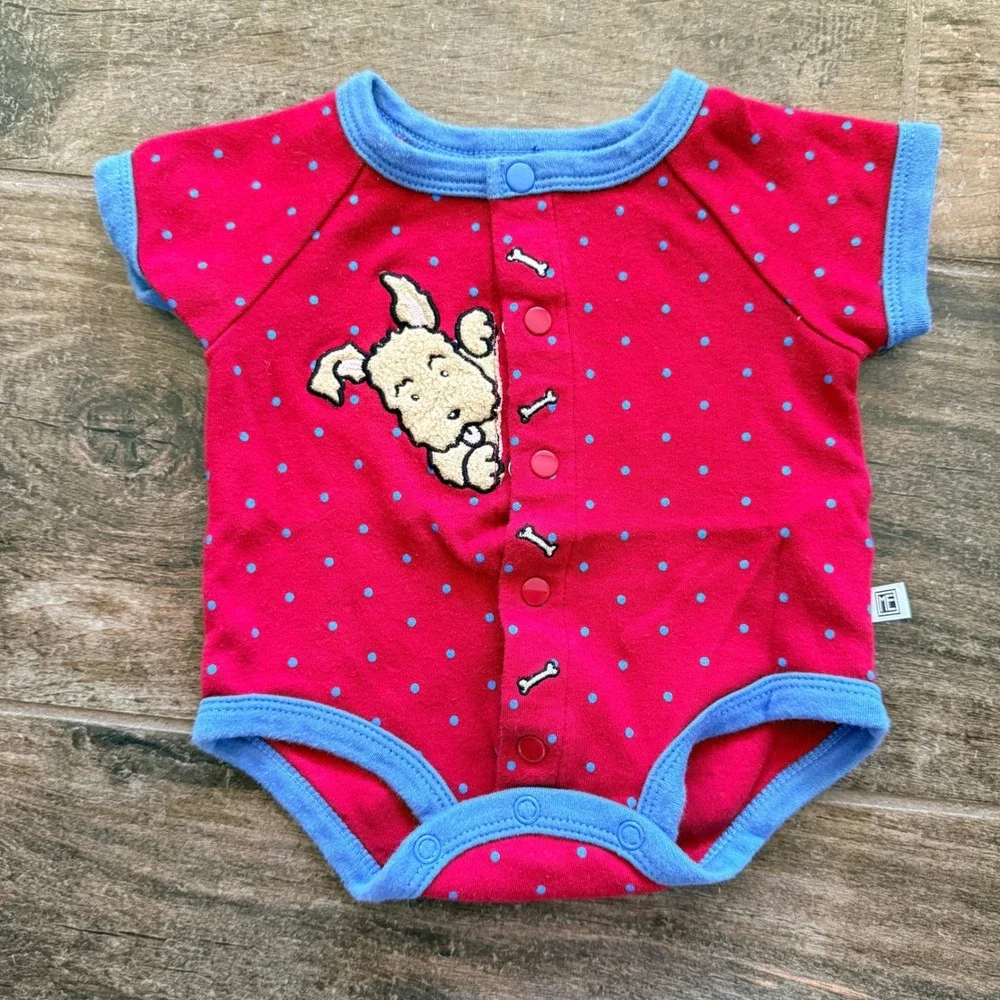 Mary Engelbreit Baby VTG Dog Puppy Polka Dot Snap Front Bodysuits,Blue Red, 0-3M